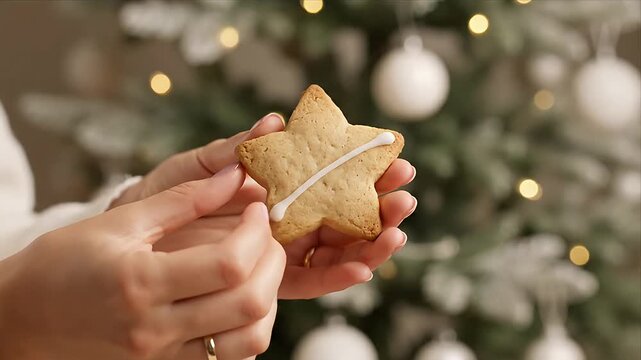 Close-up of hands decorating a star-shaped Christmas cookie with white icing festive holiday baking with blurred Christmas tree and lights in the background