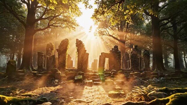 Ethereal sun rays pierce the canopy of a mystical forest, revealing the ancient, moss-covered ruins of a forgotten civilization