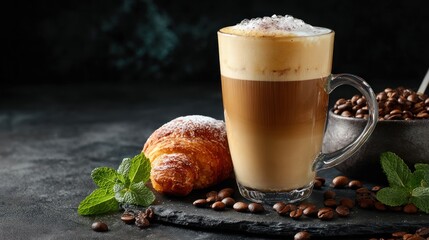 Latte with croissant, mint, & beans on slate, moody, dark background