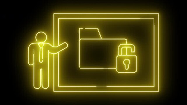 Yellow neon art depicts a man gesturing toward a folder with an open lock on a black backdrop