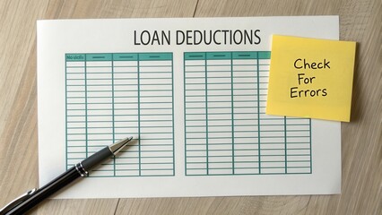 Detailed Loan Deductions Sheet with Pen and Sticky Note for Error Checking on a Wooden Surface