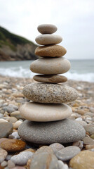 smooth stones meticulously balanced on top of each other, evoking a sense of harmony, stability, and mindfulness. The composition highlights natural textures and organic forms, set against a minimal, 