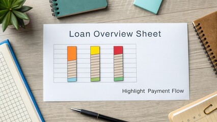 Detailed Loan Overview Sheet Displaying Payment Flow with Colorful Bar Graphs and Notebooks on Wooden Desk Surface