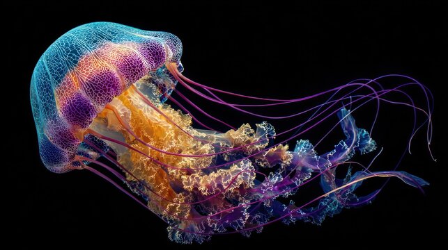 Luminescent jellyfish with long tentacles floating gracefully on black