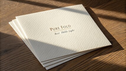 Elegant and Minimalistic Invitation Cards Displaying Pure Fold and Rest Holds Light in Natural Sunlight on Wooden Table