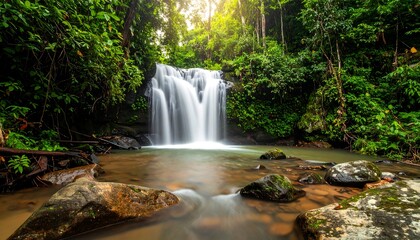 Cascading water flowing over rocks in a lush tropical forest, sunlit