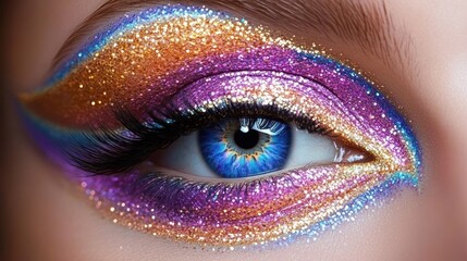 Close-up of a blue eye with elaborate and shimmering colorful eye makeup featuring gold glitter, purple, pink, and blue hues creating a vibrant and dazzling effect