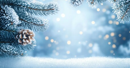 Close-up of frosted pine branches with a pinecone covered in snow against a soft blue background with glowing bokeh lights, evoking a calm winter atmosphere