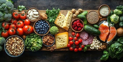 Assortment of fresh vegetables, fruits, nuts, cheese, and fish artistically arranged on a dark wooden surface conveying freshness and healthy eating