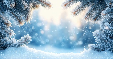 Close-up of snow-covered evergreen branches framing a snowy landscape with soft glowing light and falling snowflakes creating a peaceful winter scene