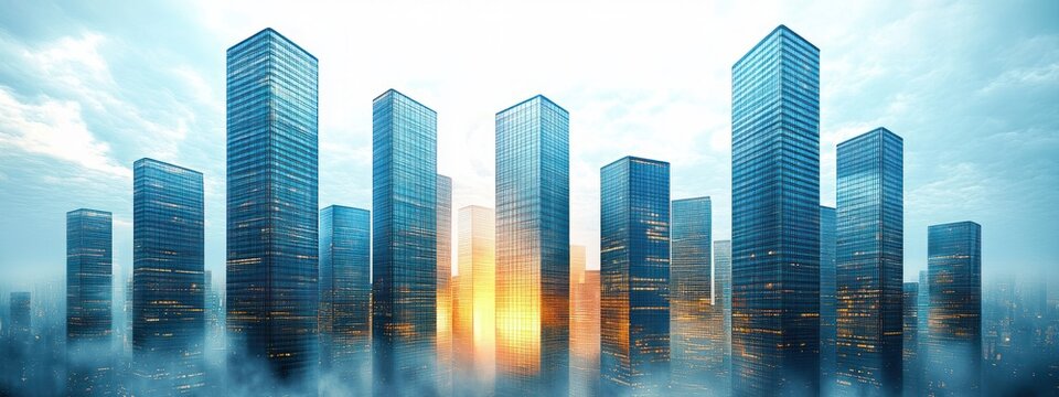 Sunrise or sunset over a futuristic city skyline with tall glass skyscrapers surrounded by mist and soft cloudy sky