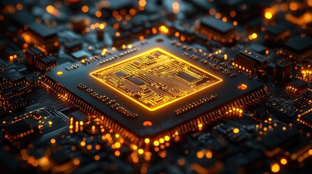 Close-up of a glowing yellow-orange microchip on a dark circuit board with intricate electronic components and connections illuminated in warm light