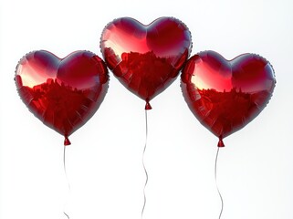 Three shiny red heart-shaped balloons floating against a white background with reflections visible on their surfaces, symbolizing love and celebration