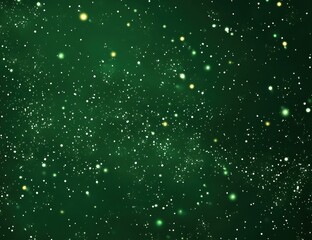 Abstract green background with scattered glowing white and yellow dots resembling stars or particles in a cosmic space