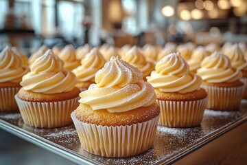 Close-up of freshly baked vanilla cupcakes with creamy swirled frosting lightly dusted with powdered sugar on a tray in a bright bakery setting