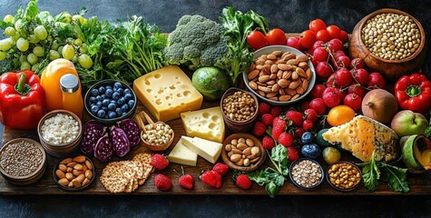 Colorful assortment of fresh vegetables, fruits, nuts, cheese, seeds, and crackers arranged on a wooden board, showcasing healthy and vibrant food choices