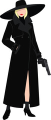 Mysterious woman in black trench coat and hat holding vintage gun vector