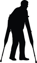 Elderly man silhouette walking with crutches vector