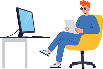 Focused man working on computer in yellow office chair vector