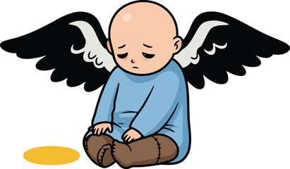 Sad baby angel with black wings holding corn vector