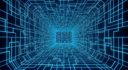 Futuristic Digital Tunnel with Glowing Blue Circuit Lines in Virtual Reality Environment