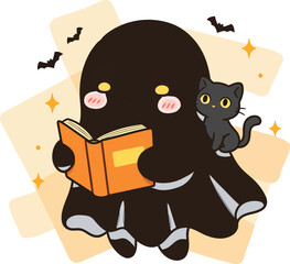 Cute halloween ghost reading book with black cat and bats cute autumn illustration vector