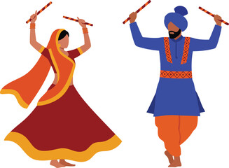 Indian couple performing garba dance with sticks festive celebration vector