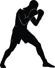 Dynamic boxing silhouette fighter intense stance action art vector