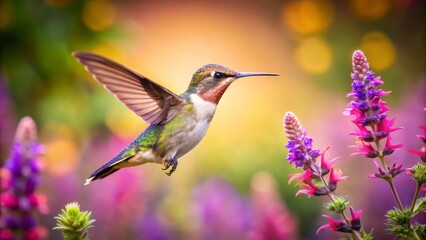Fototapeta premium A Vibrant Hummingbird in Flight, Hovering Near Colorful Blossoms in a Lush Garden