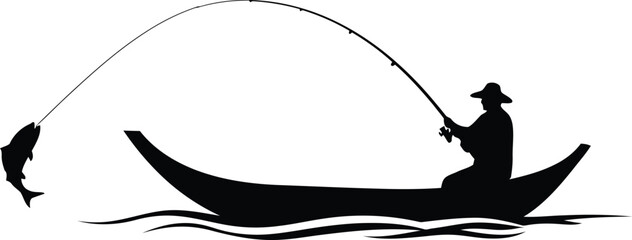 Angler silhouette in boat catches leaping fish with fishing rod iconic outdoor hobby vector