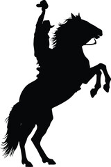 Silhouette cowboy riding rearing horse sunset desert western scene vector