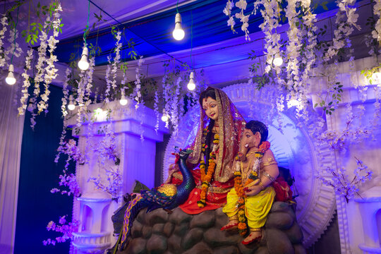 Traditional Idol of Goddess Parvati with Lord Ganesha