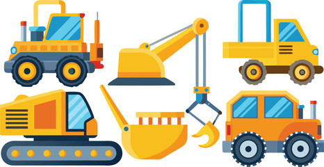 Vibrant collection of stylized construction vehicles, including excavators, loaders, and trucks, perfect for engaging educational or playful projects.