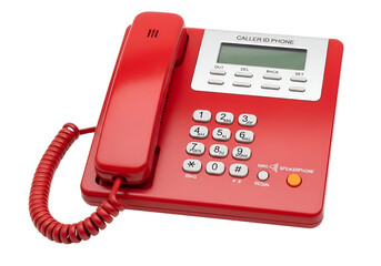 Vibrant Red Corded Caller ID Landline Telephone with Speakerphone and Keypad, Modern Classic Communication Device isolated on transparent background