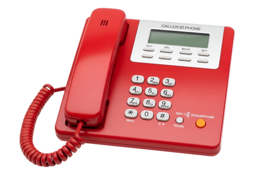 Vibrant Red Corded Caller ID Landline Telephone with Speakerphone and Keypad, Modern Classic Communication Device isolated on transparent background
