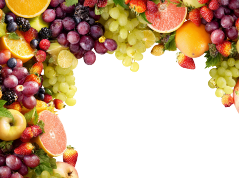 Colorful fruit border, fresh citrus, grape cluster, strawberry, orange