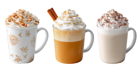 Three pumpkin spice latte in mugs with whipped cream and autumn-inspired toppings