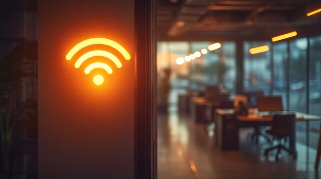 Glowing orange wifi symbol on wall near empty modern office space with desks and computers in warm ambient light