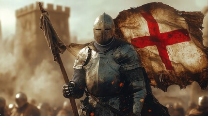 Medieval knight in full armor holding a worn flag with a red cross standing in front of a blurry stone castle tower amid a smoky battlefield atmosphere