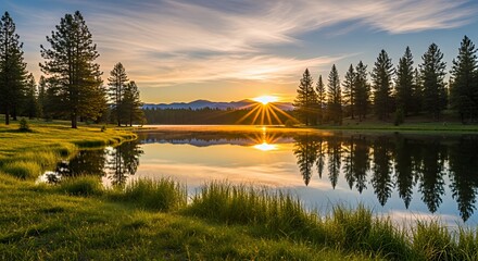 Serene Sunset Landscape with Calm Lake and Tall Pine Trees in Natural Setting