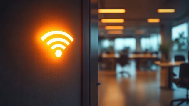 glowing orange wifi signal icon on dark wall inside modern office space with blurred background