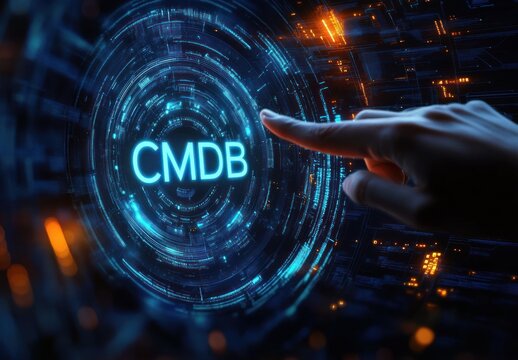 Human hand pointing at futuristic holographic digital interface displaying acronym CMDB surrounded by glowing blue and orange tech circuits