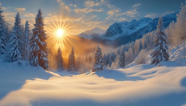 Sunrise casting golden light over snow-covered pine trees and mountains in a serene winter landscape with a clear blue sky