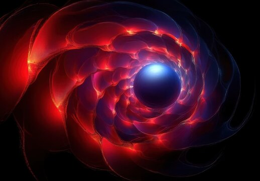 Glowing red and purple spiral structure with a bright blue sphere at the center on a black background, evoking a sense of cosmic energy and mystery