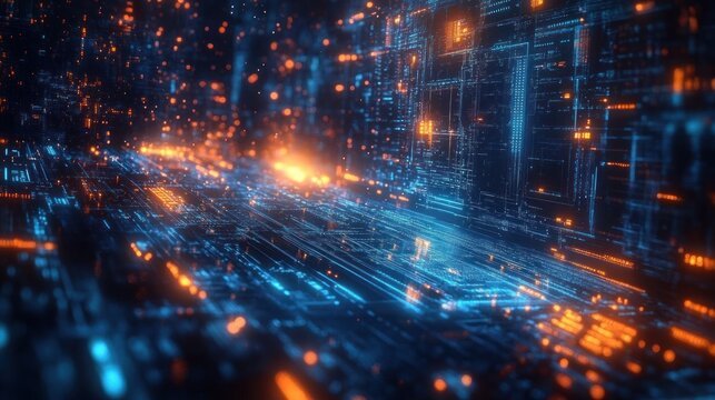 Futuristic digital circuit board with glowing blue and orange lights displaying advanced technology in a high-tech environment