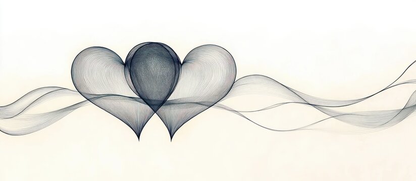 Abstract flowing dark lines forming two connected heart shapes with smooth wave-like extensions on a light beige background