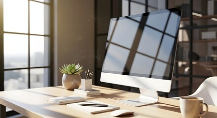 Modern Home Office Desk Setup with Computer in Natural Sunlight