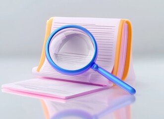blue magnifying glass placed on an open notebook with lined pages against a light background