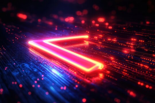 Glowing neon L-shaped figure surrounded by dynamic red and blue light particles creating a futuristic and energetic atmosphere