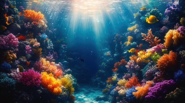 Vibrant underwater coral reef illuminated by sunlight with diverse colorful corals and tropical fish swimming peacefully